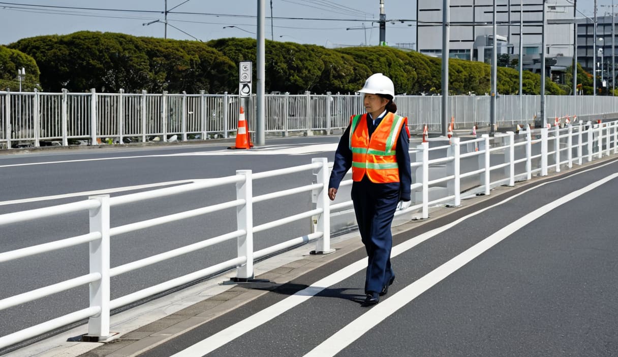 工事現場の横の仮設の歩行者通路を歩いて確かめる交通誘導警備員