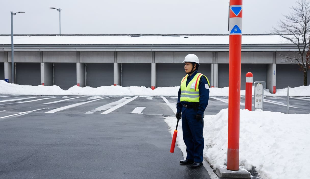 雪の残る駐車場で車を誘導する警備員