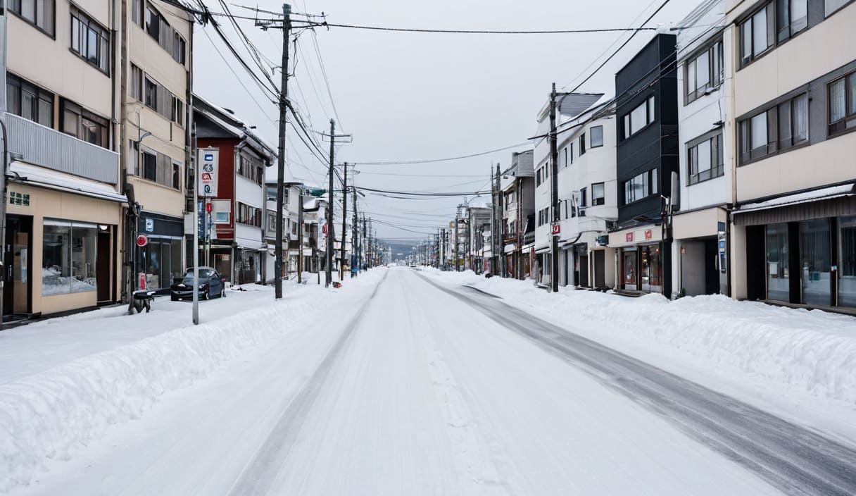 雪の積もった市街地の通り