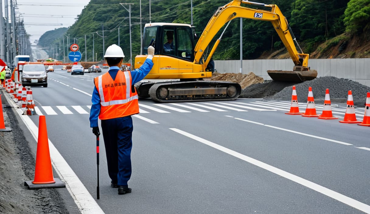 道路工事の現場で車を誘導する交通誘導警備員