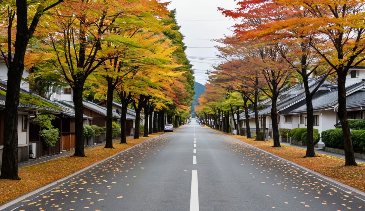 紅葉した並木の続くまっすぐな道