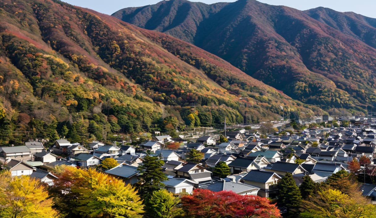 紅葉の山のふもとに広がる住宅地