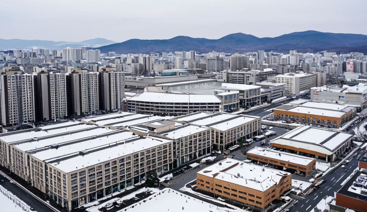 屋根に雪の残る大きな倉庫や建物が並ぶ街を上から見た景色
