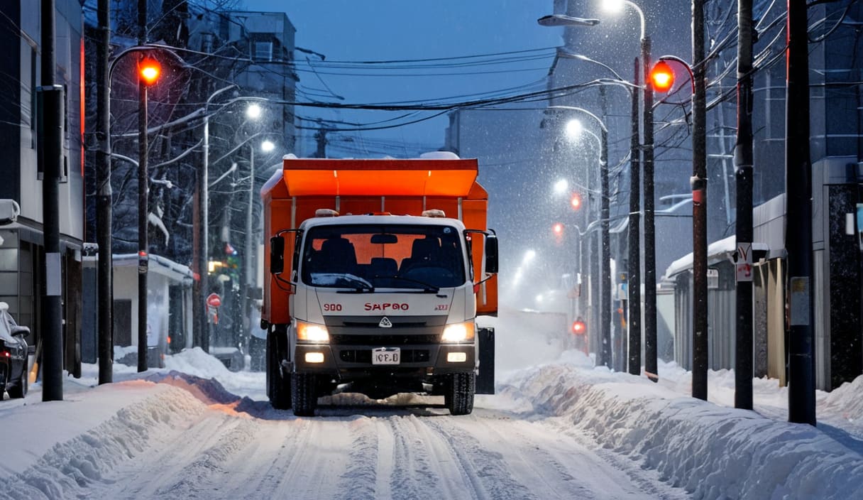 夜の雪道で、排雪作業のダンプを誘導灯で誘導する警備員