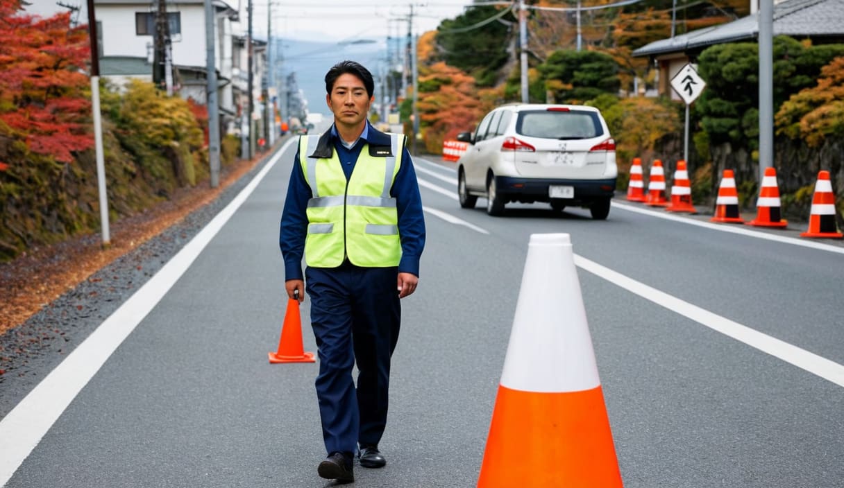片側交互通行の工事区間の端で、旗を持って車を誘導する警備員