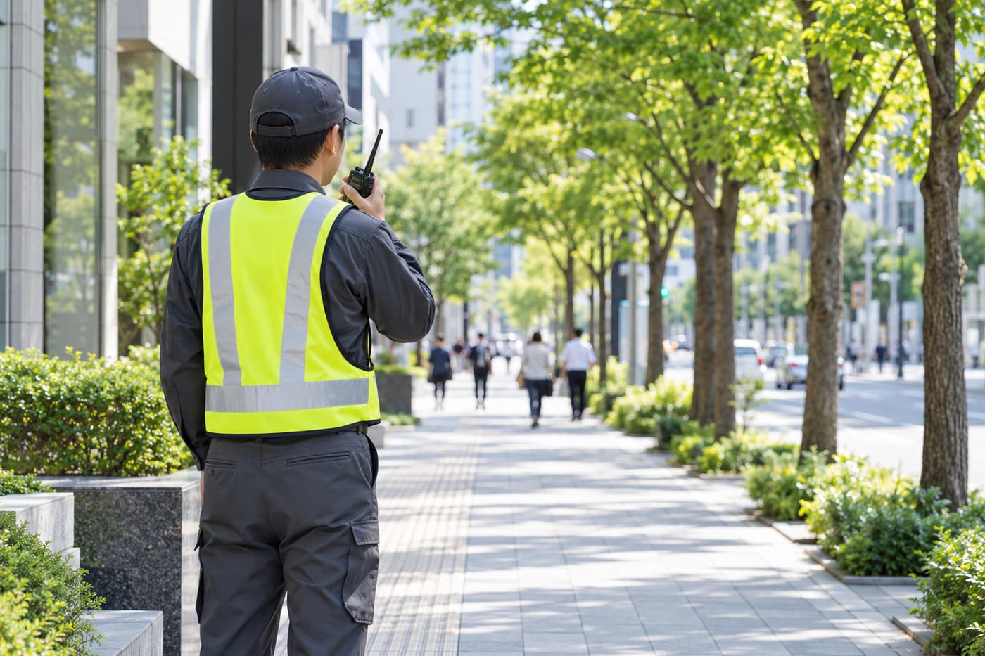 並木道を巡回する警備員の後ろ姿